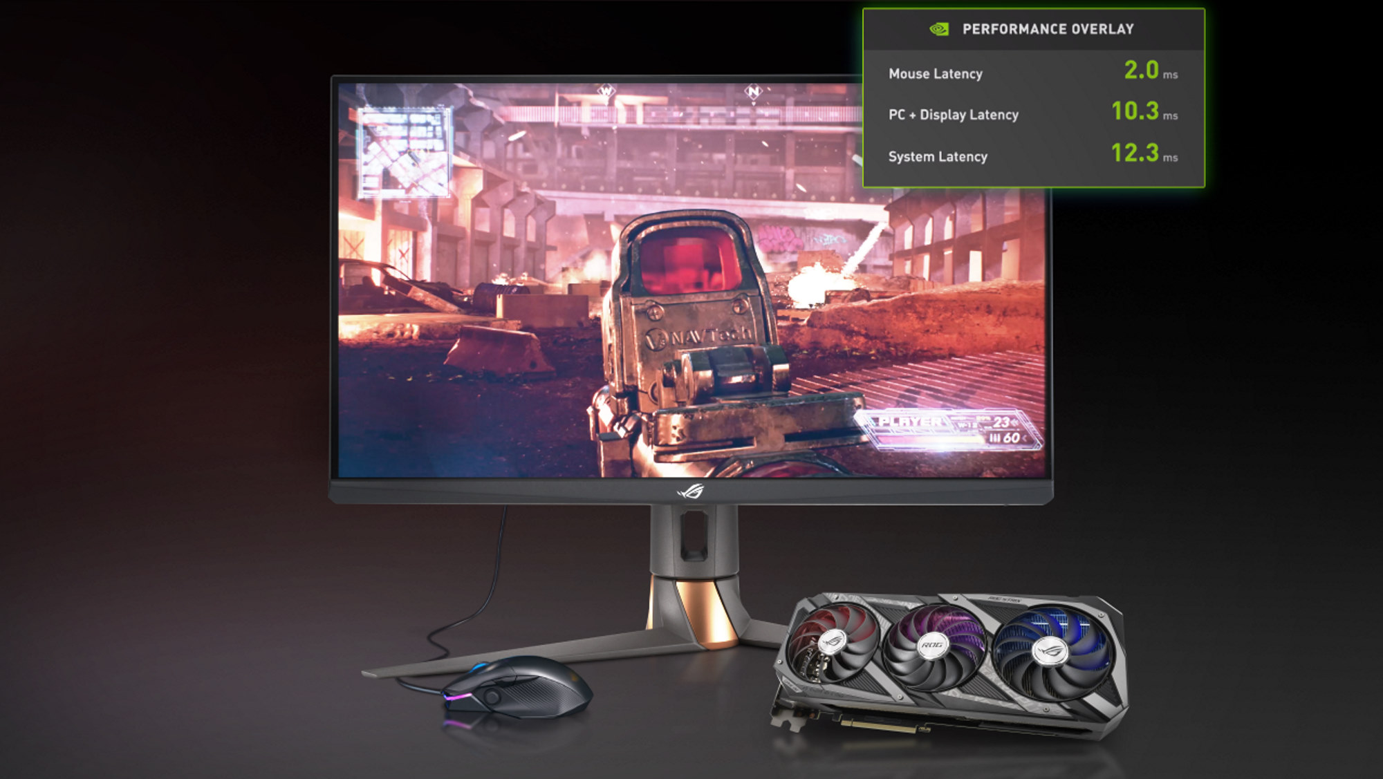 PG279QM with a performance overlay on screen, with a mouse and Strix GPU next to the monitor.