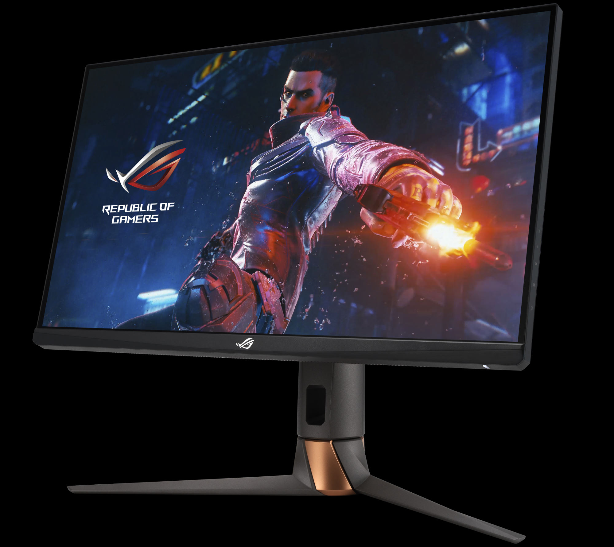 PG279QM front view, with ROG SAGA character HORSEM4N on screen.