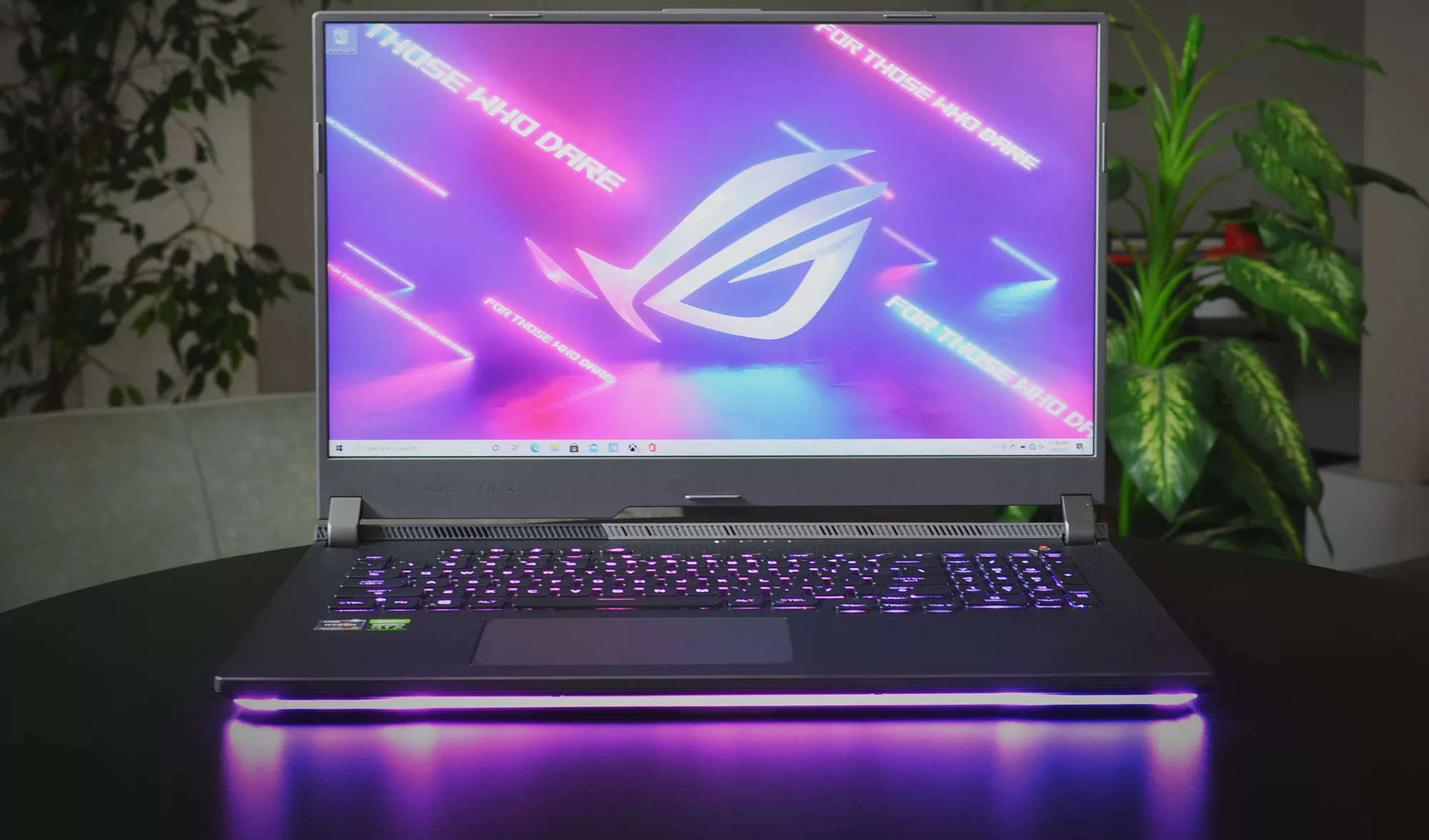 Front view of the ROG Strix G17, with bright purple RGB lighting.