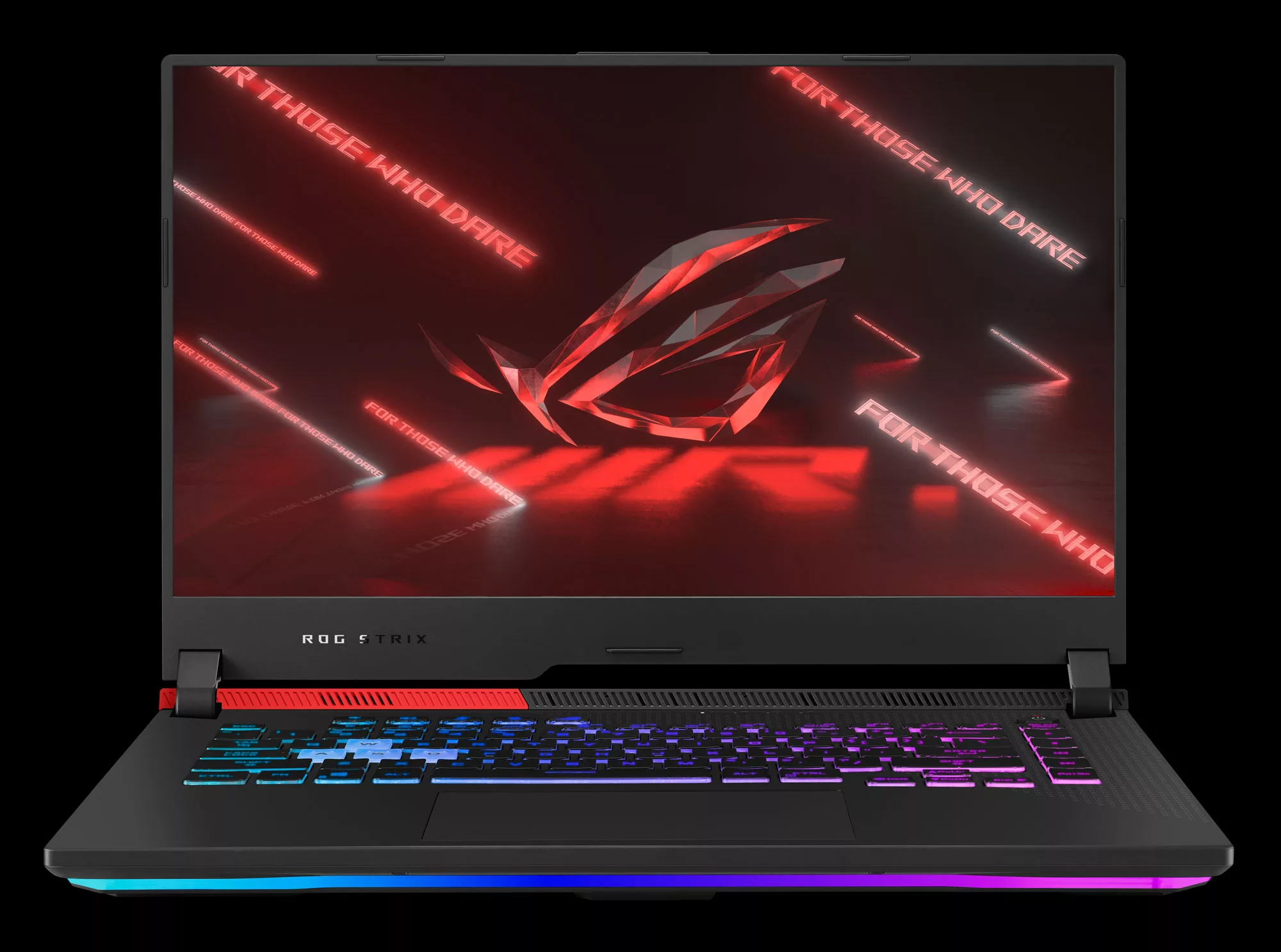 Straight on view of the ROG Strix G Advantage Edition, with ROG eye logo on screen.