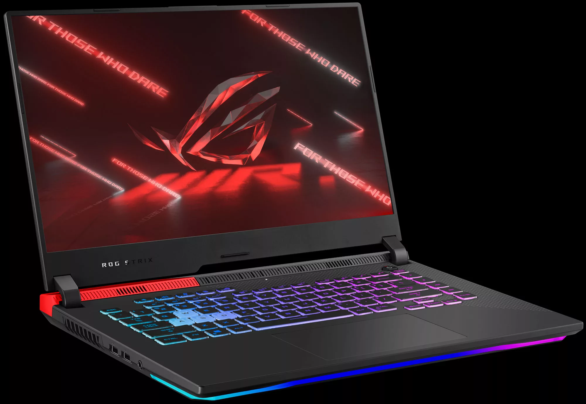 Front view of ROG Strix G Advantage Edition, with ROG eye logo on screen, and RGB illuminated on the keyboard.