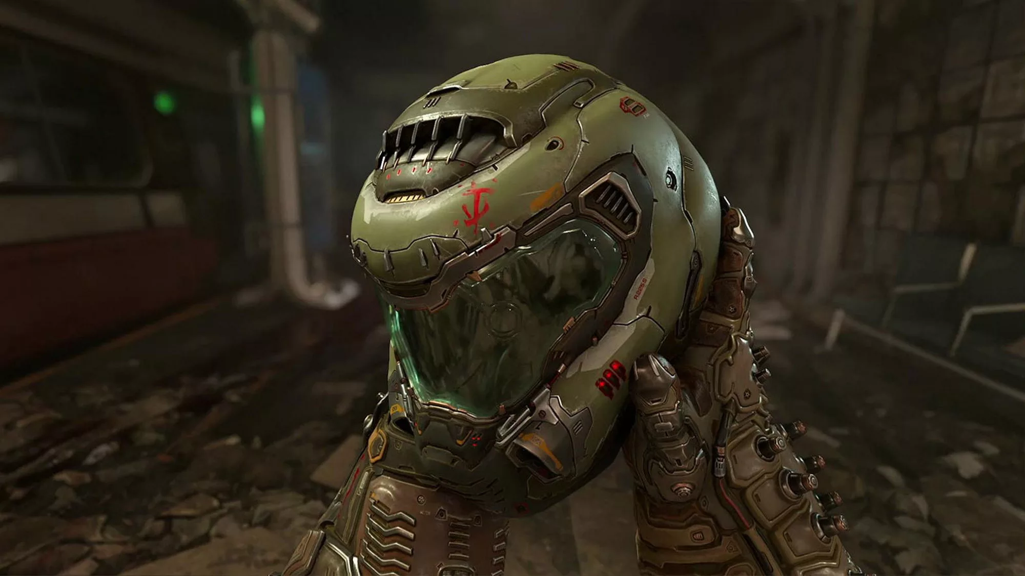 Image of Doom Guy holding his helmet, with the visor facing the character from the game Doom Eternal.