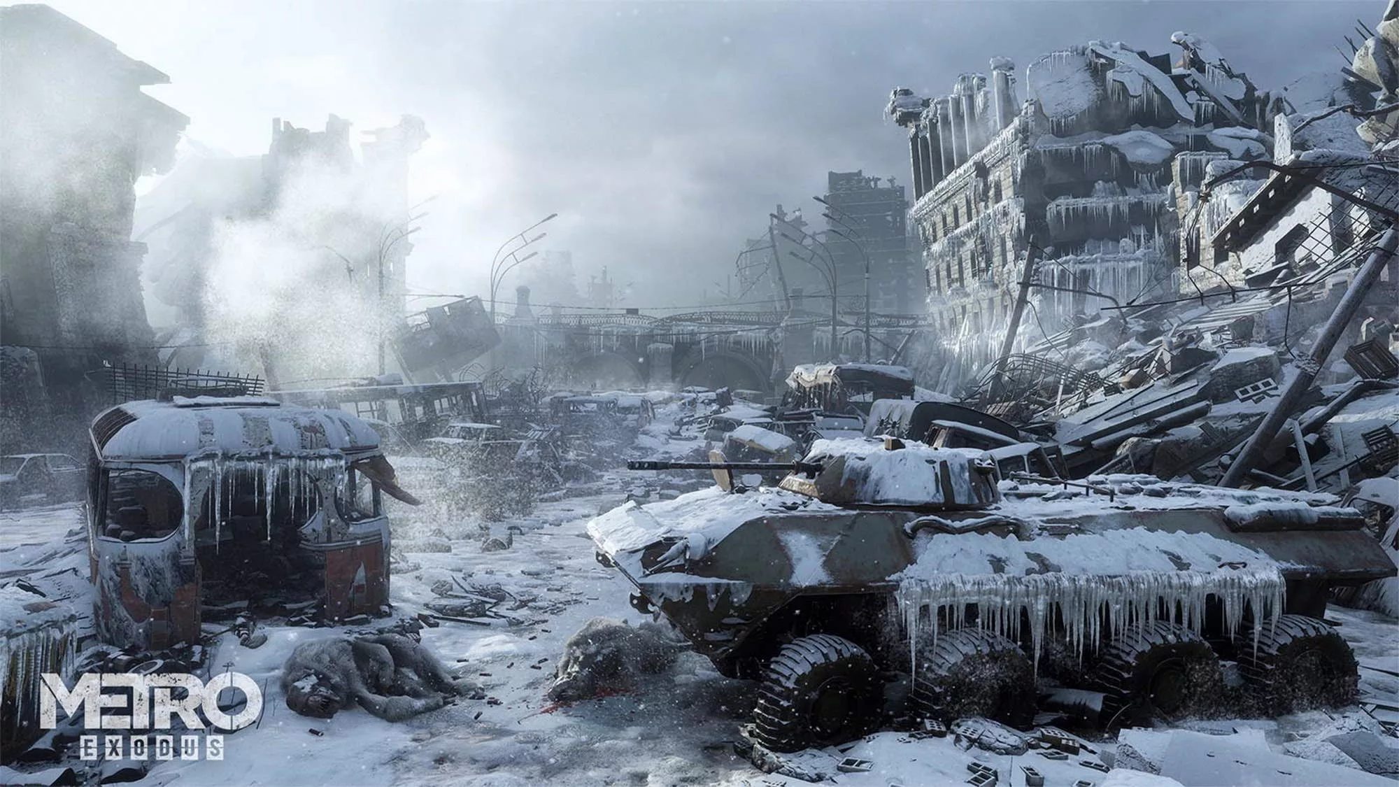 Frozen armoured personnel carrier and train in the ruins of a city.
