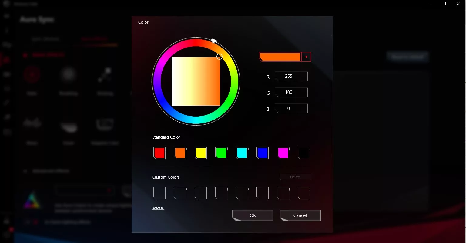 Screenshot of the RGB color selector and color wheel options in the Aura Sync menu.