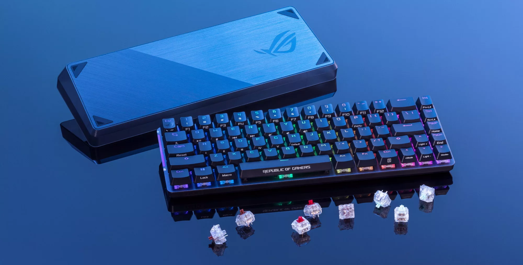 Two Strix keyboards, one upside down with the ROG logo on display, and multiple key switches in front of the pair.