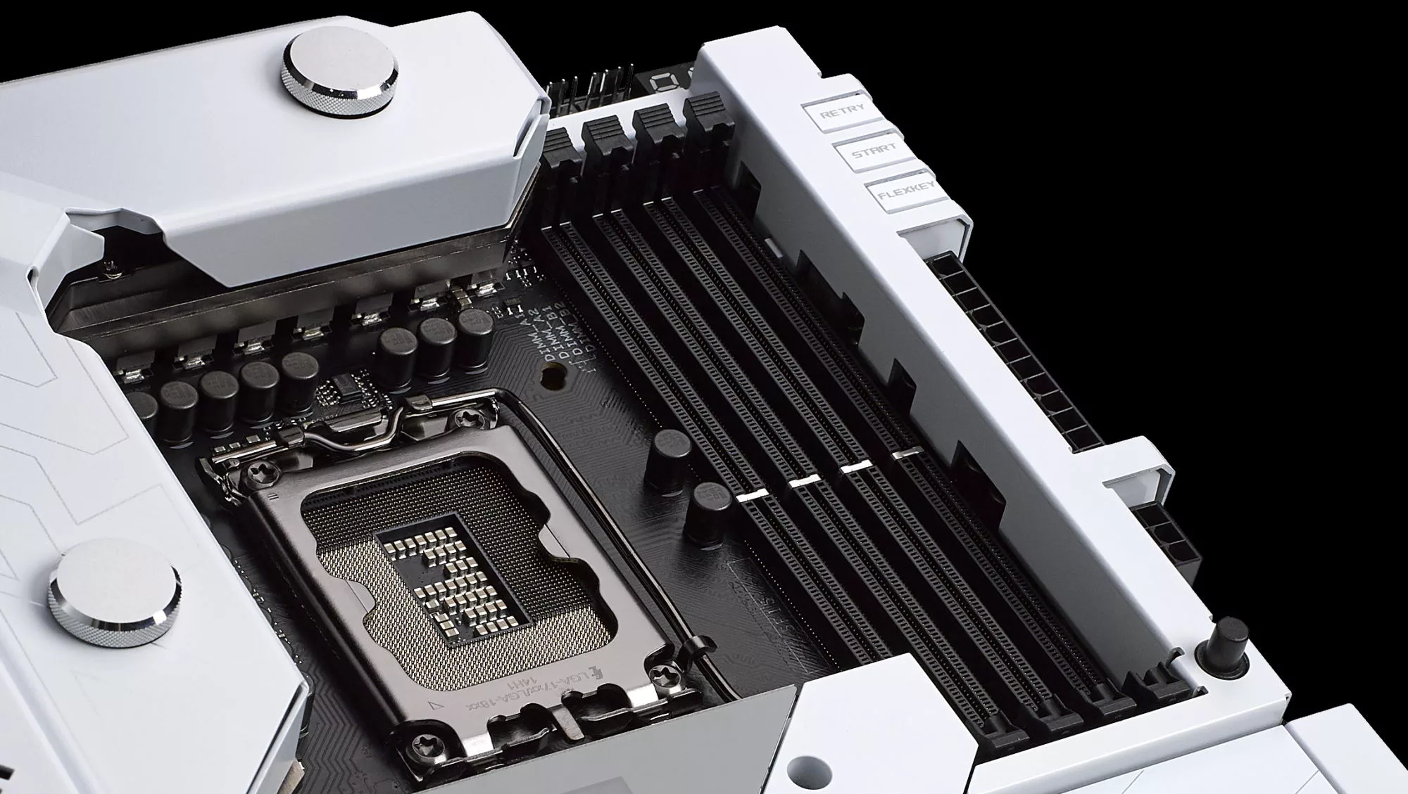 The ROG Maximus Z690 Formula motherboard with the open CPU socket, RAM slots, and water cooled VRM heatsink visible.