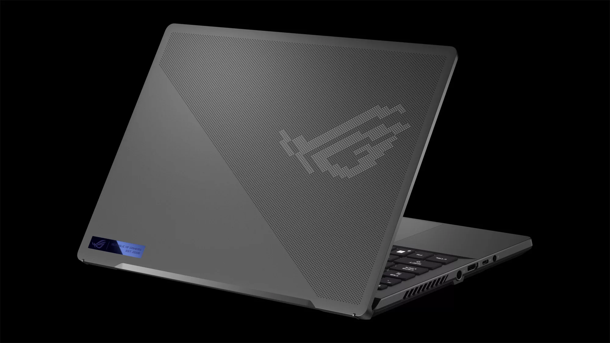 Eclipse Grey G14 featured with the laptop lid half open, and the ROG eye logo visible on the AniMe Matrix display.