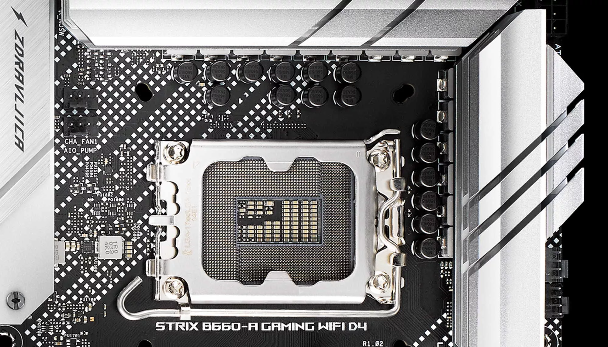 Closeup of the CPU socket of the ROG Strix B660-A Gaming WiFi D4 motherboard.