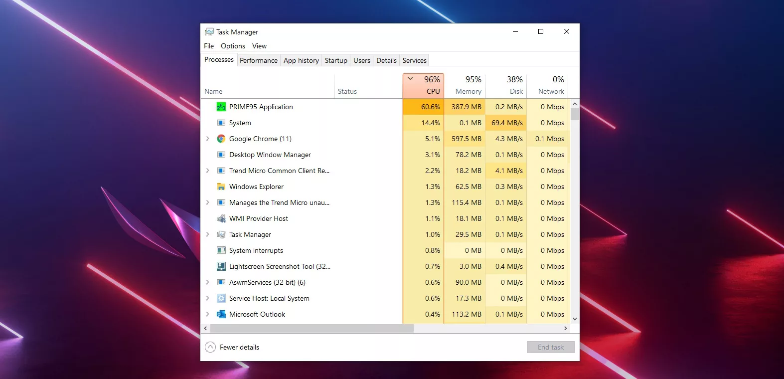 Screenshot of Windows Task Manager, with emphasis on 96% CPU usage.