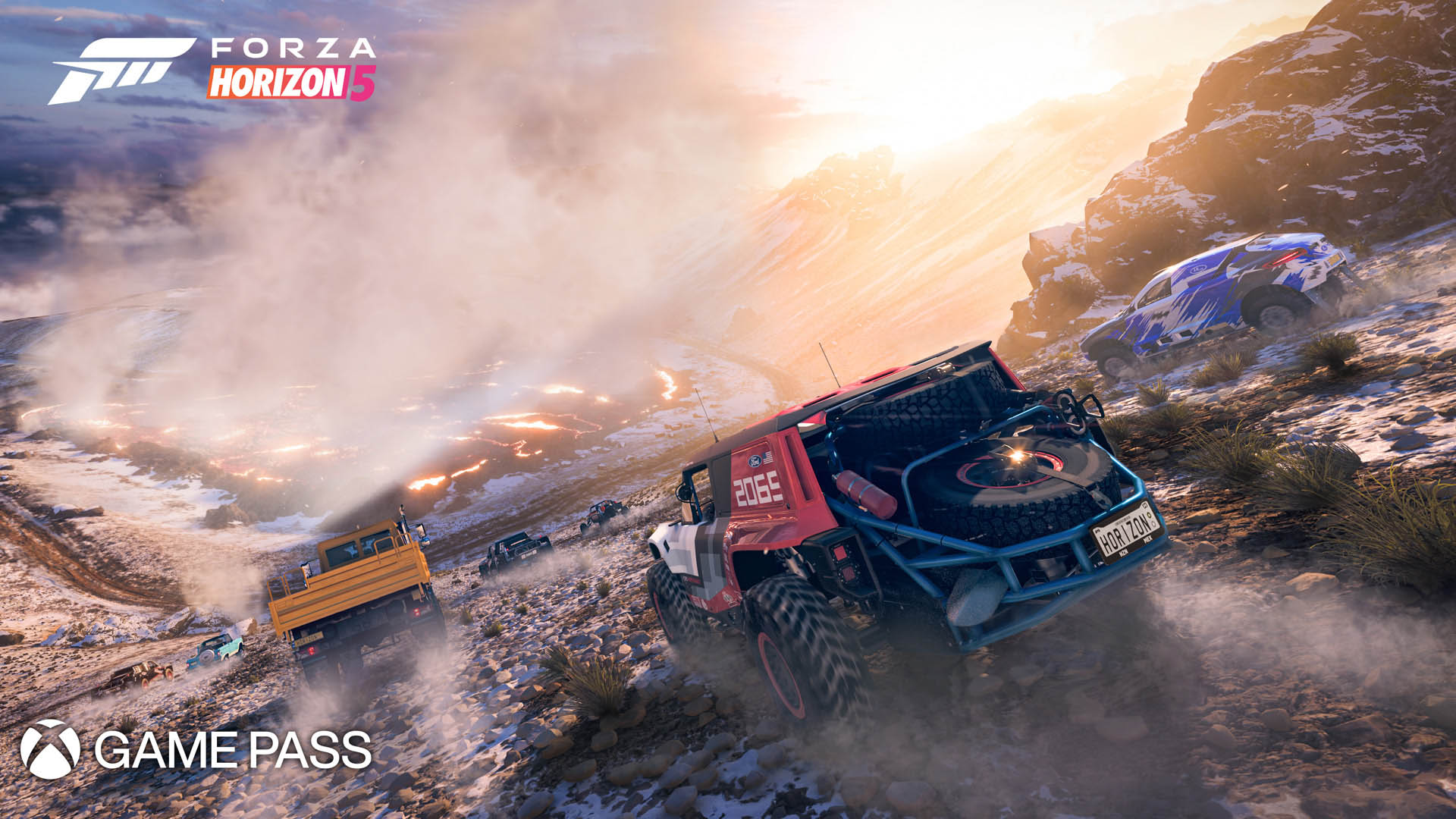 A promotional image for Xbox Game Pass and Forza Horizon 5, showing trucks racing offroad through a sandy desert.