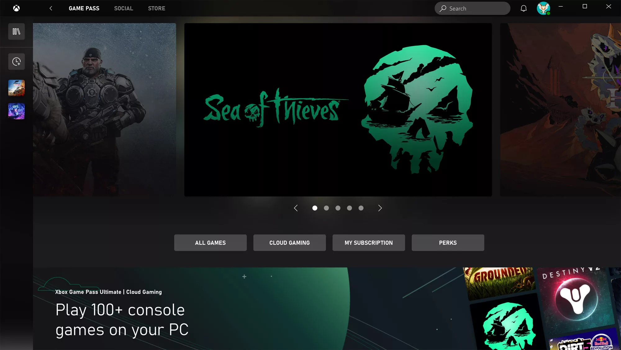 A screenshot of the Xbox Game Pass app, showing promotional images for games and buttons to play them locally or over the cloud.