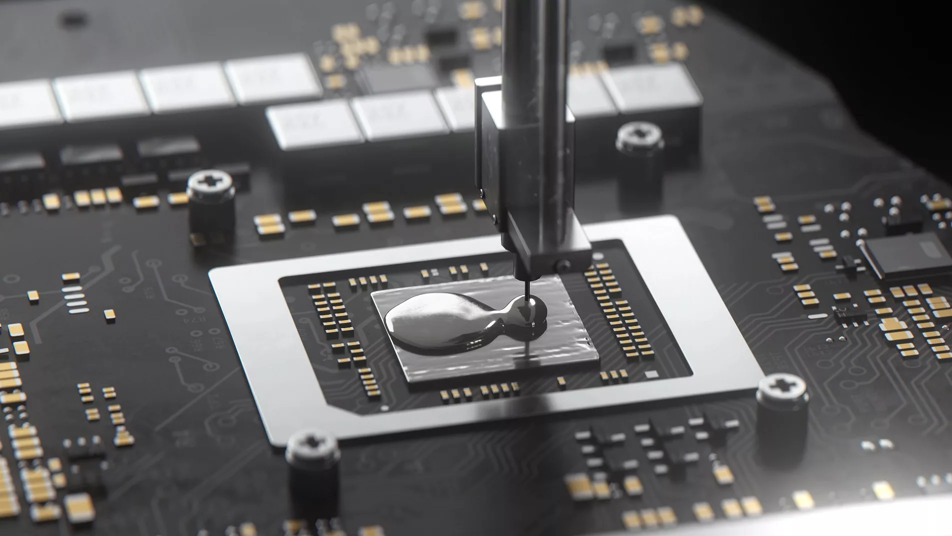 Image of liquid metal being applied to a CPU die with precision machinery.