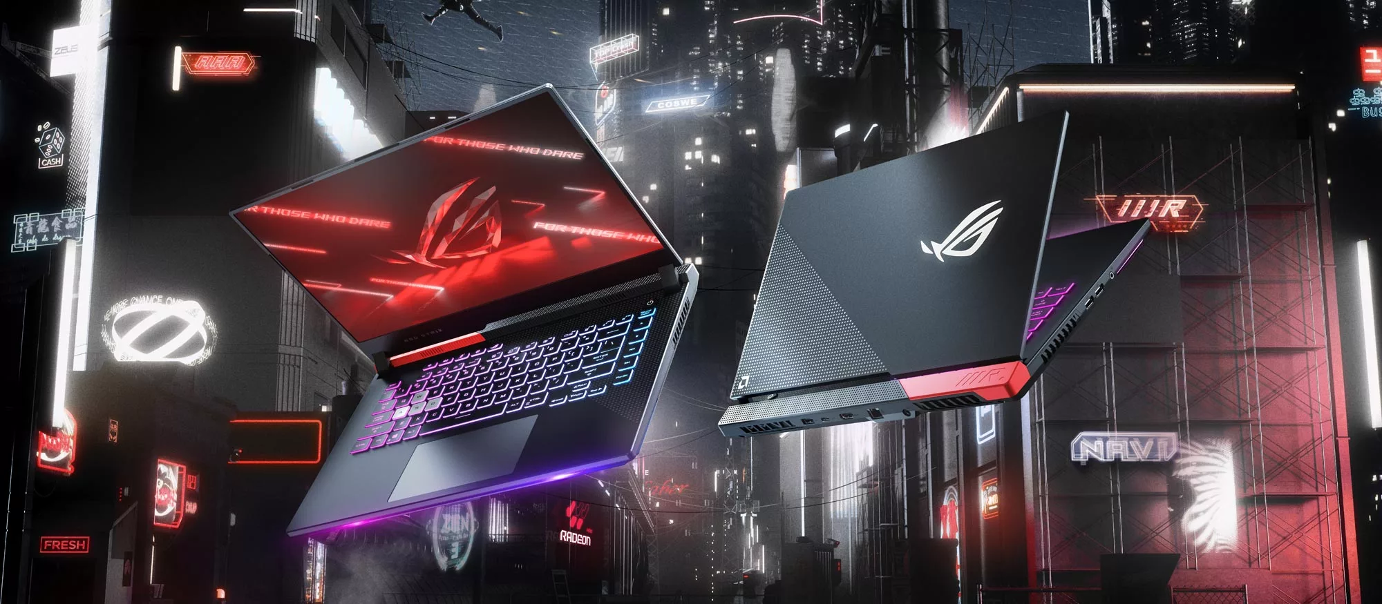 Promotional render of the Strix G15 Advantage Edition, with a cyberpunk background.