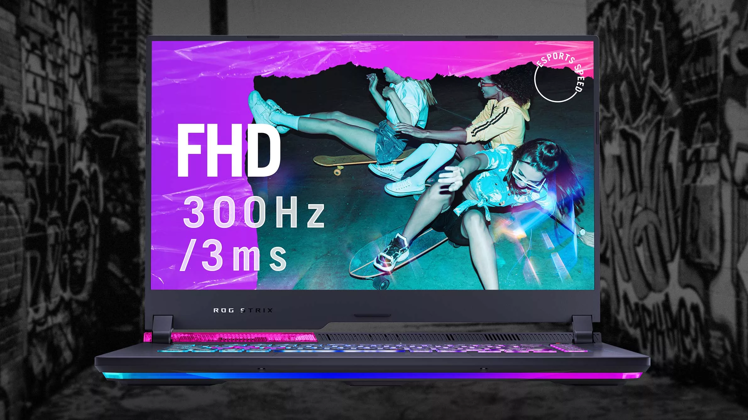 ROG Strix SCAR featured, with a FHD 300Hz refresh rate superimposed on the screen.
