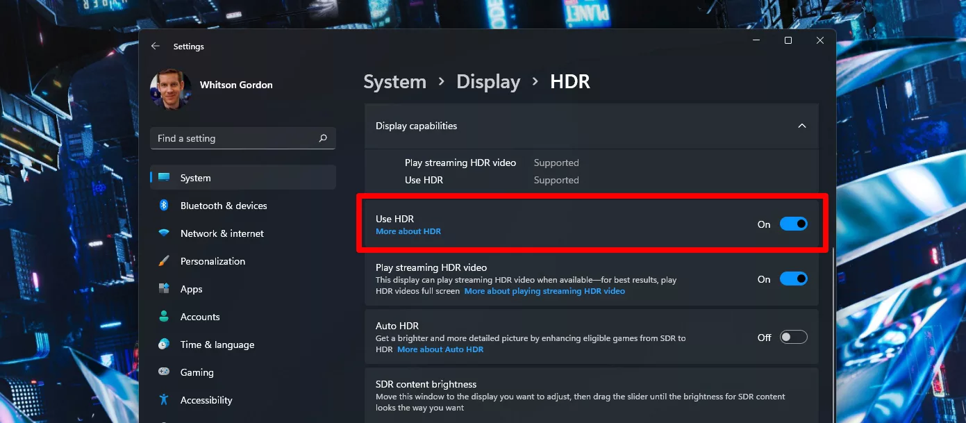 Screenshot of Windows settings to enable HDR.