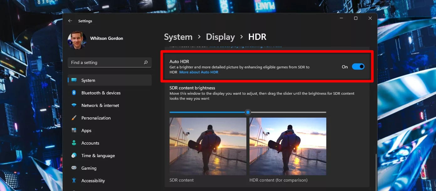Screenshot of Windows settings to enable Auto HDR.