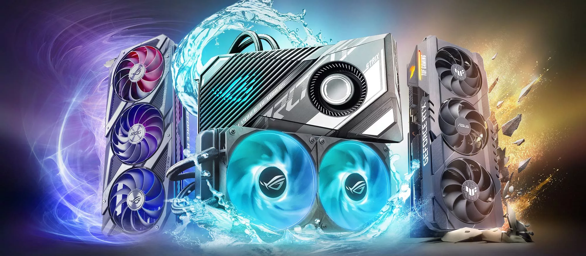A render of three ASUS graphics cards with colored backgrounds.