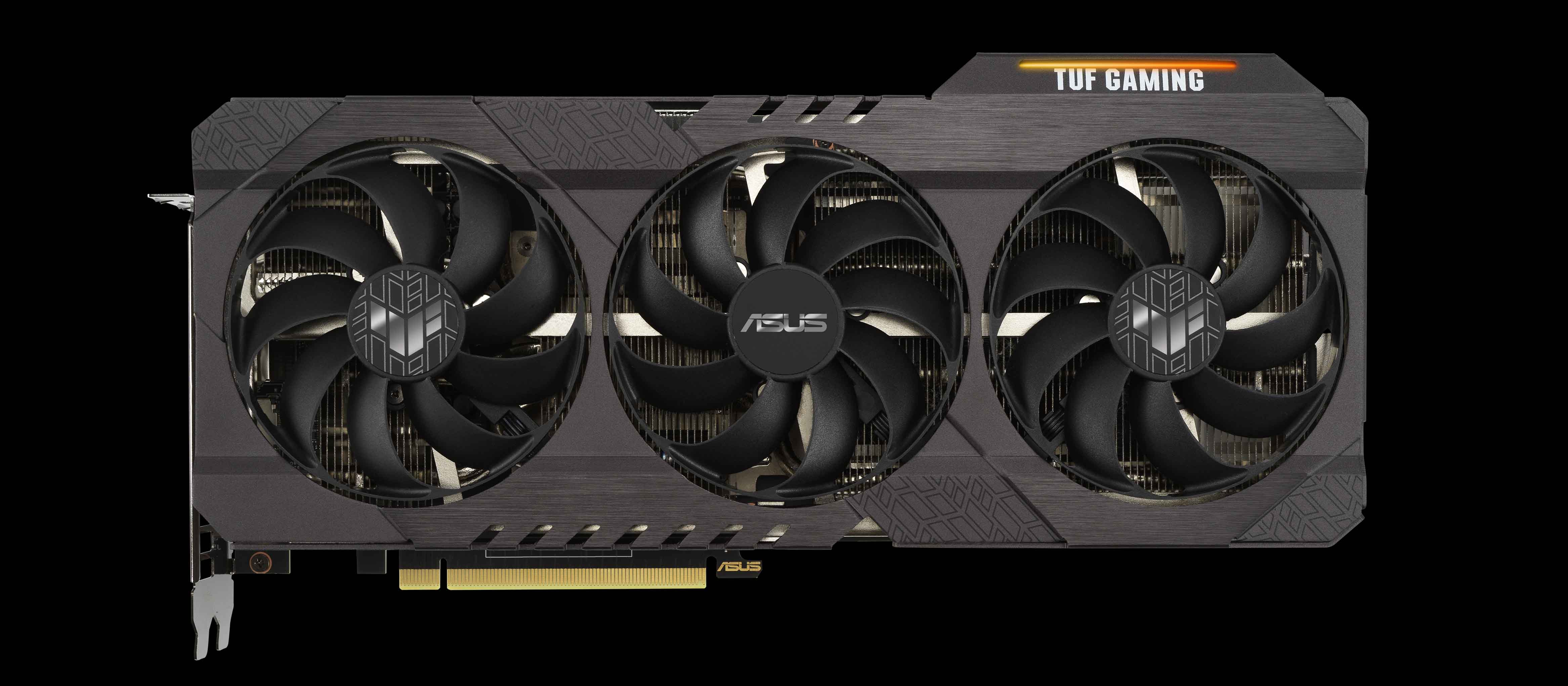 An image of a triple-fan ASUS TUF RTX 3070 graphics card on a black background.