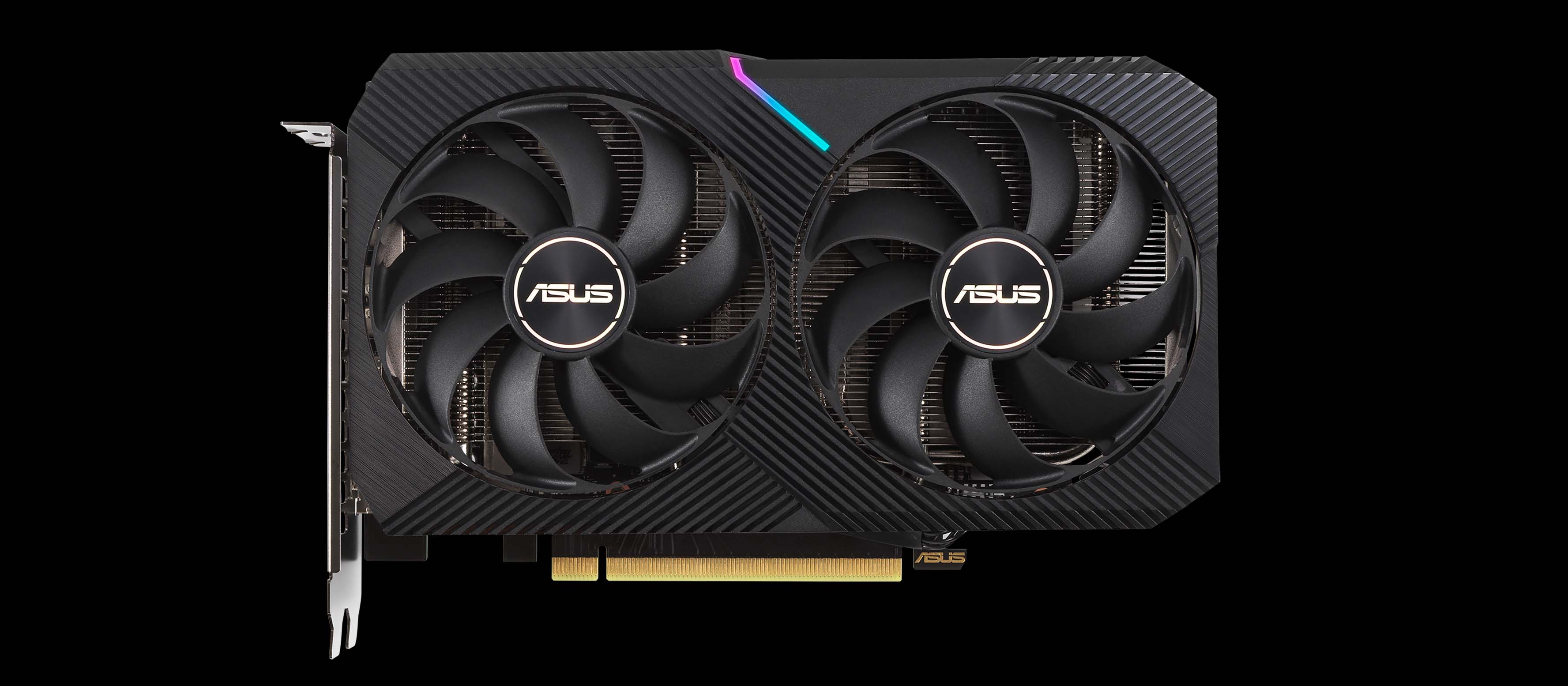 An image of a dual-fan ASUS Dual RTX 3050 graphics card on a black background.