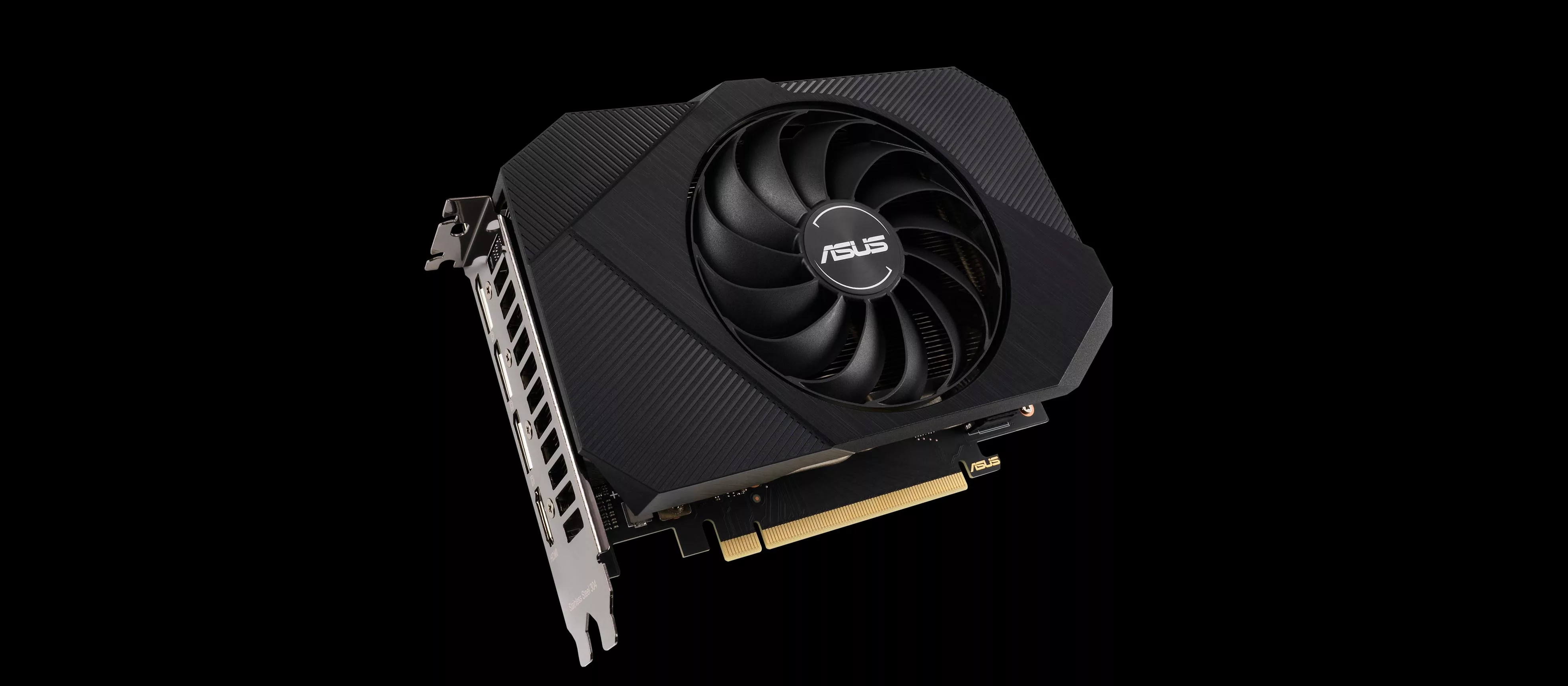 An image of a single-fan ASUS Phoenix RTX 3060 graphics card on a black background.