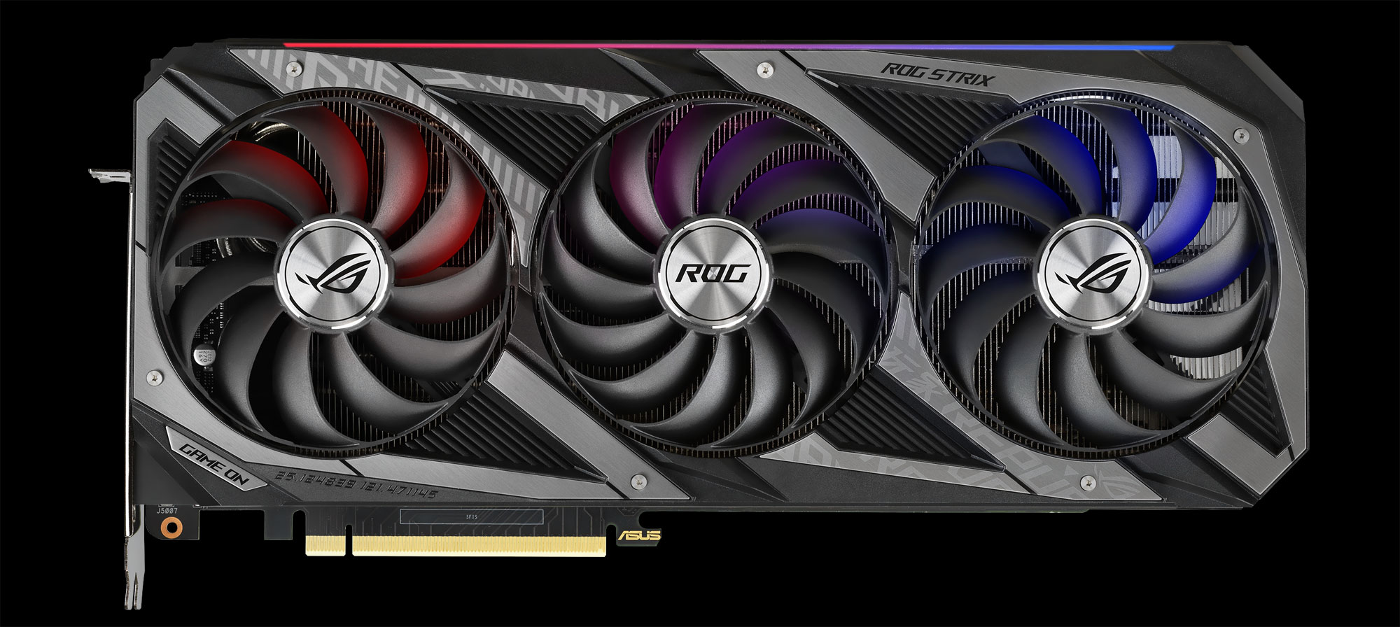A photo of a triple-fan ROG Strix RTX 3080 graphics card on a black background.