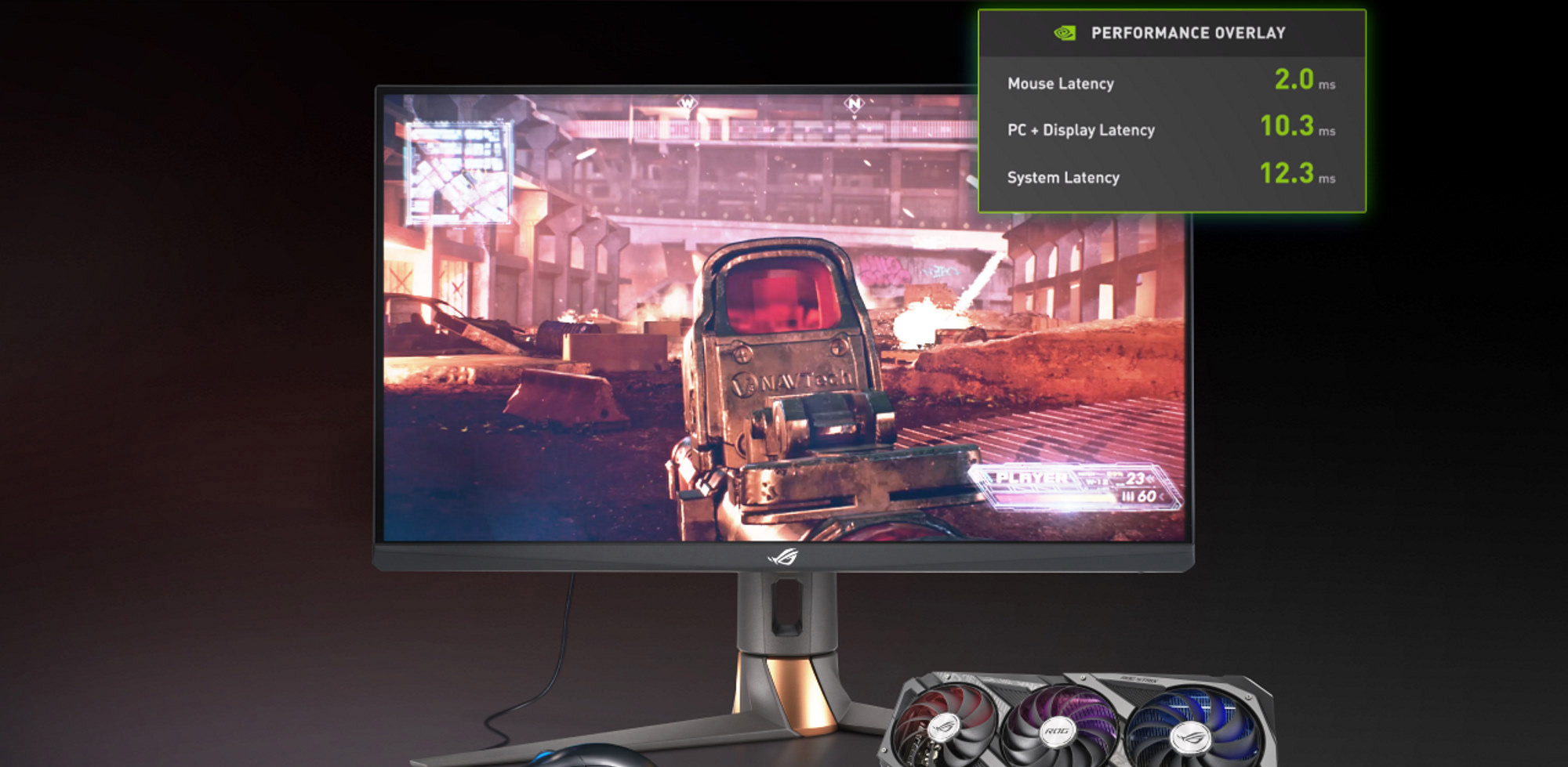 A render of an ROG gaming monitor, with an overlay showing different levels of input lag.