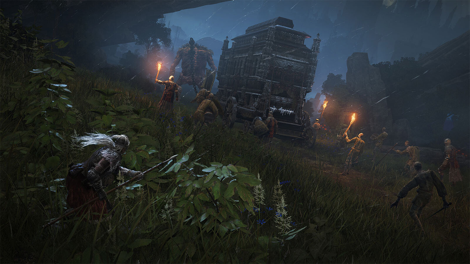 An image of a warrior hiding in the grass, while a troop of enemy knights and monsters pulls a cart nearby.