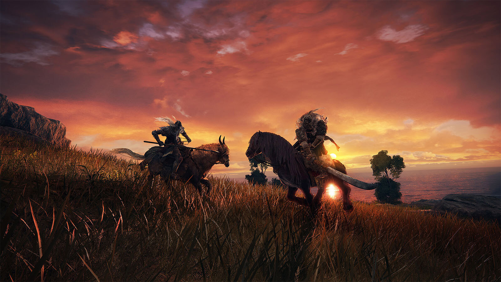 An image of two warriors fighting on horseback while the sun sets behind them.