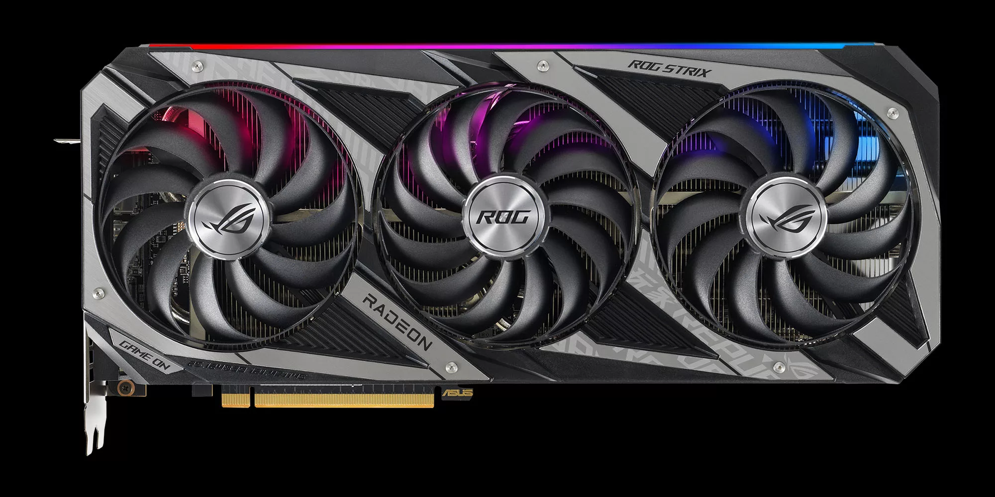 An image of the ROG Strix Radeon RX 6750 XT graphics card on a black background.