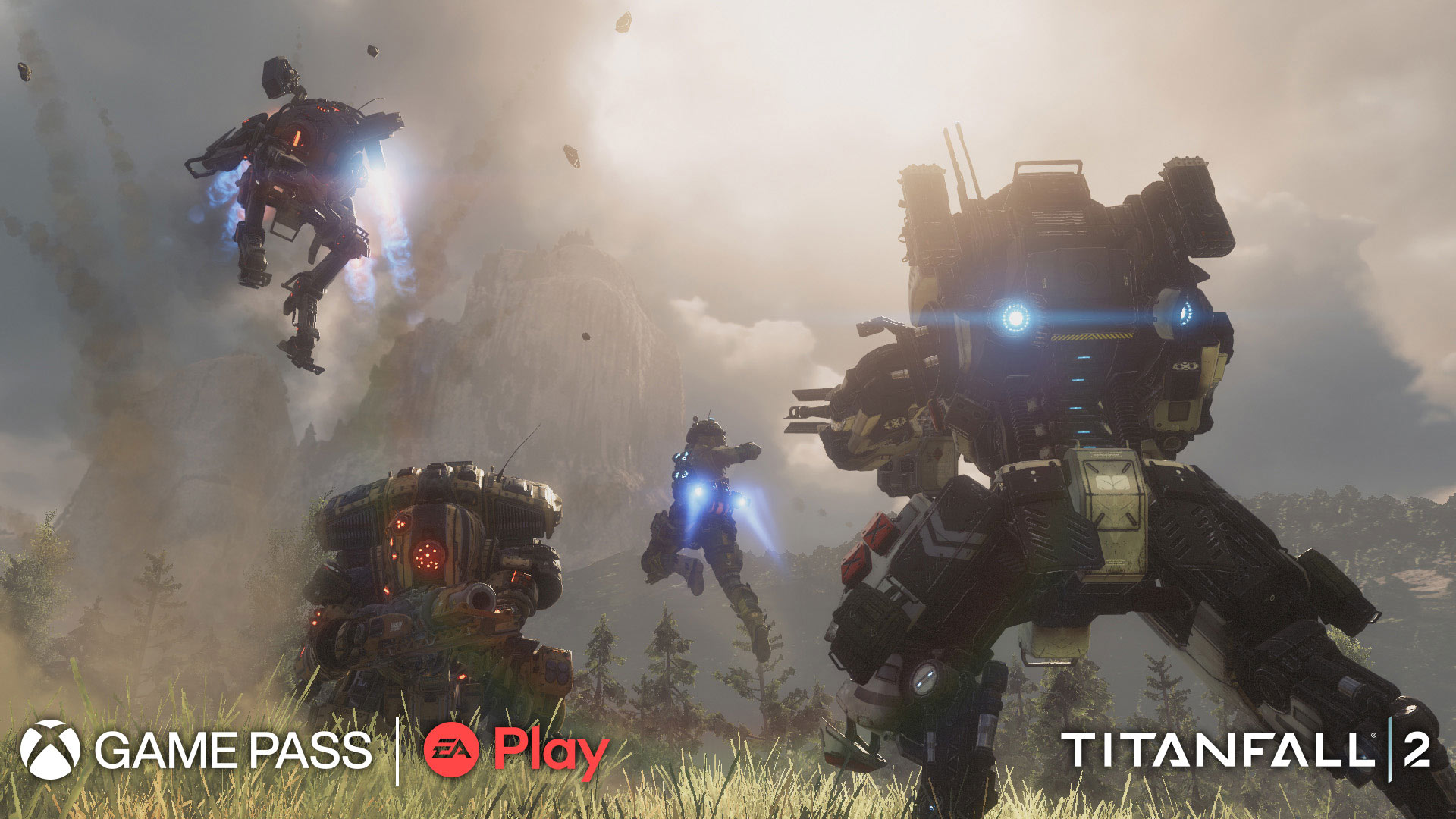 An image of three large mechs and a soldier with a jetpack flying into battle.