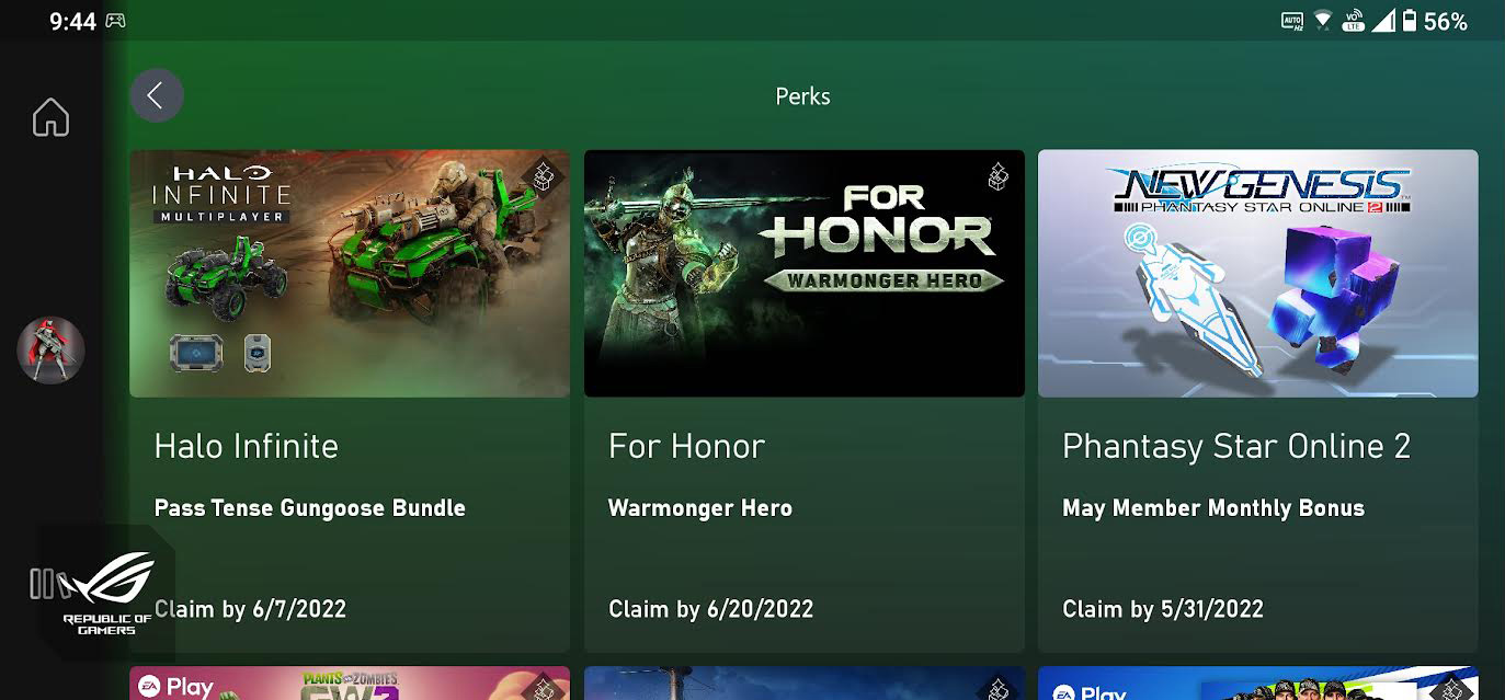 A screenshot of the Perks screen in the Game Pass app, showing cosmetics and DLC free for download.