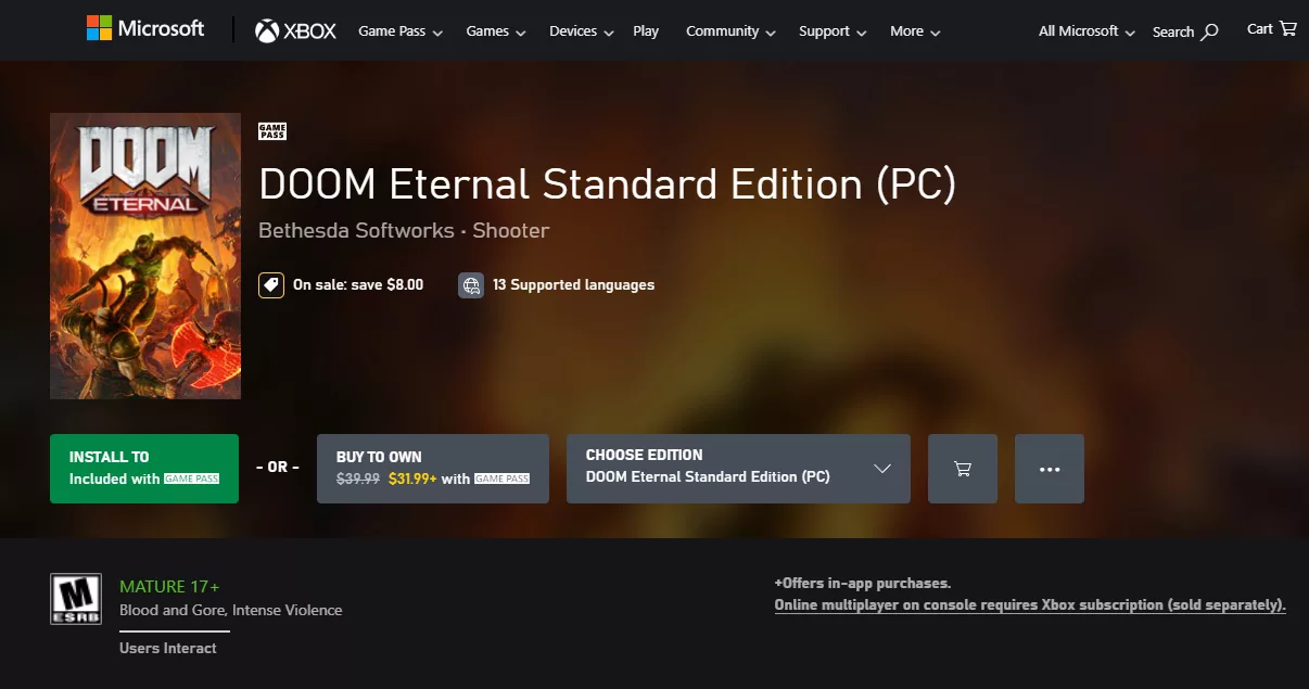 A screenshot of the Doom Eternal page on the Microsoft Store, showing a discount for Game Pass subscribers.