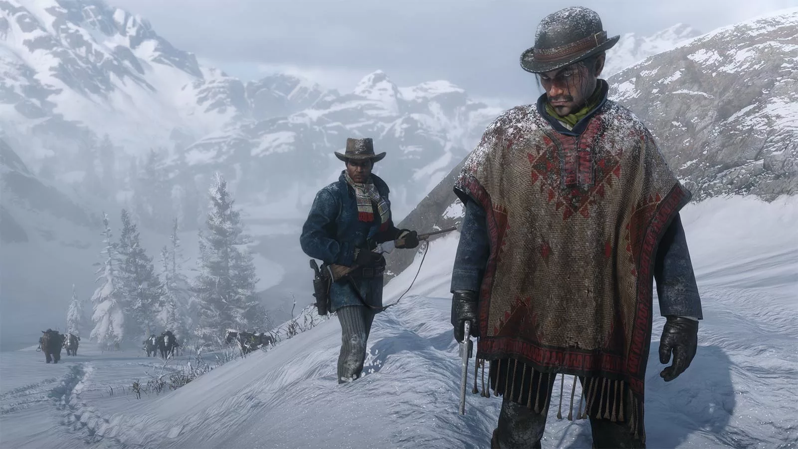Two gun wielding outlaws hike through a snow covered mountain pass, with horses in the background.