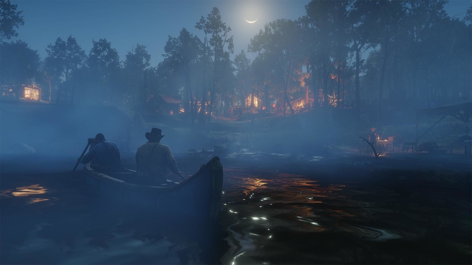 Two characters row a canoe towards a settlement on a moonlit night.