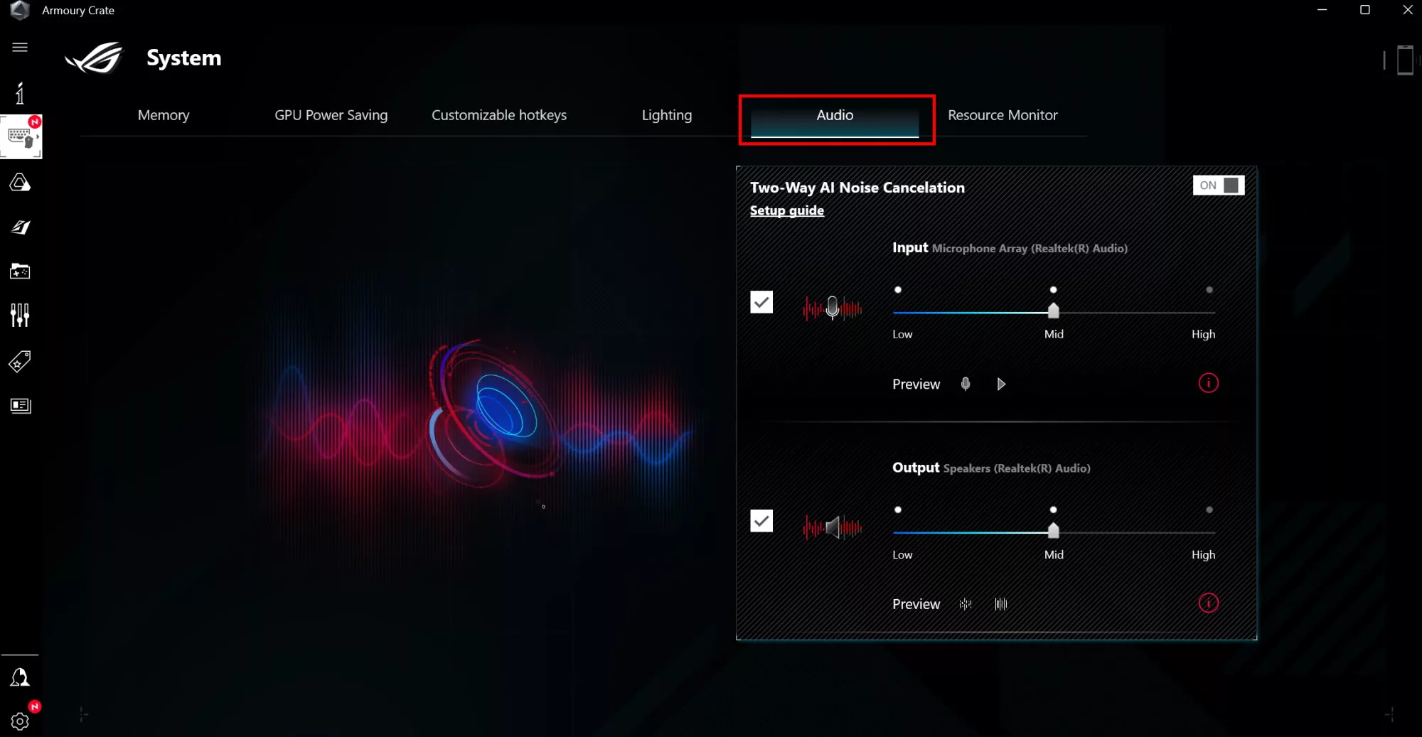 Screenshot of the Audio tab inside the System settings in Armoury Crate.