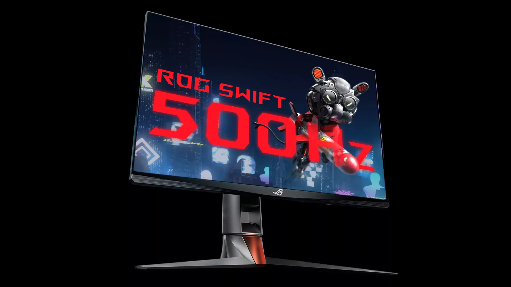 An image of the ROG Swift 500Hz monitor, with a picture of Omni the robot jumping out of the screen.