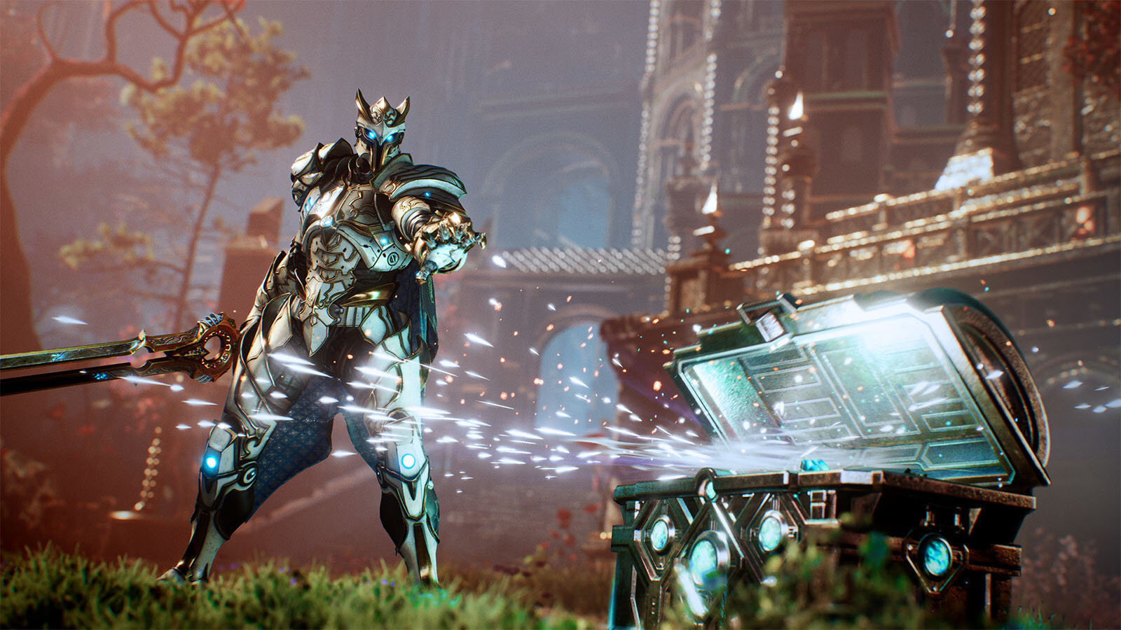 An image of an armored warrior approaching a glowing treasure chest, from the game Godfall.