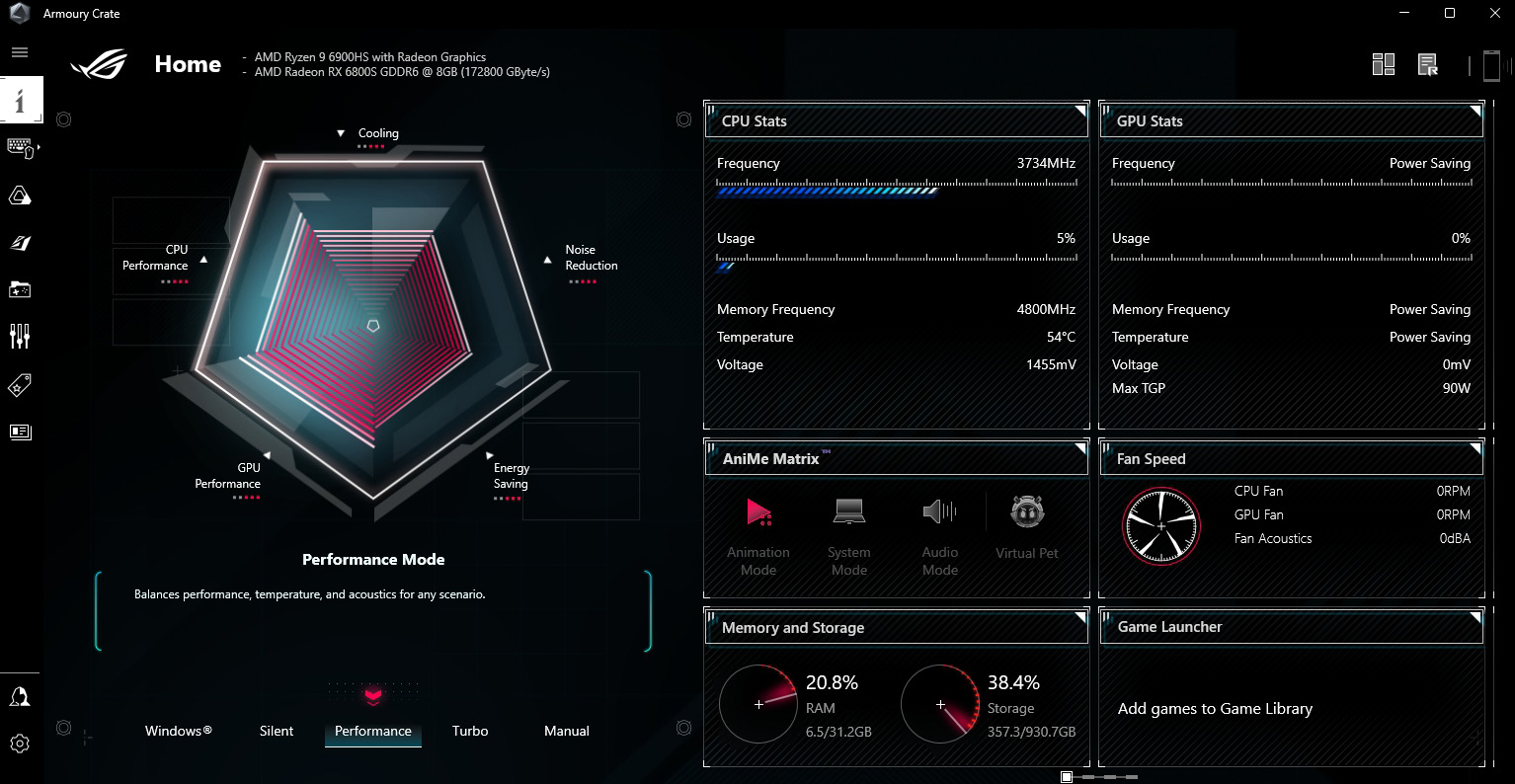 A screenshot of the Armoury Crate software with Performance mode enabled.
