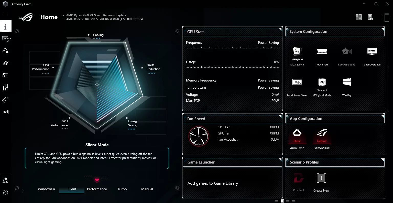 A screenshot of the Armoury Crate software with Silent mode enabled.
