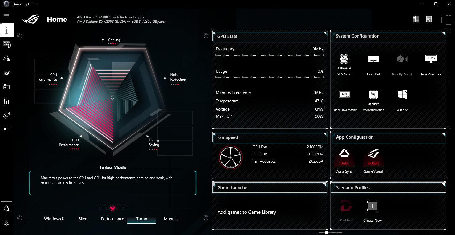 A screenshot of the Armoury Crate software with Turbo mode enabled.