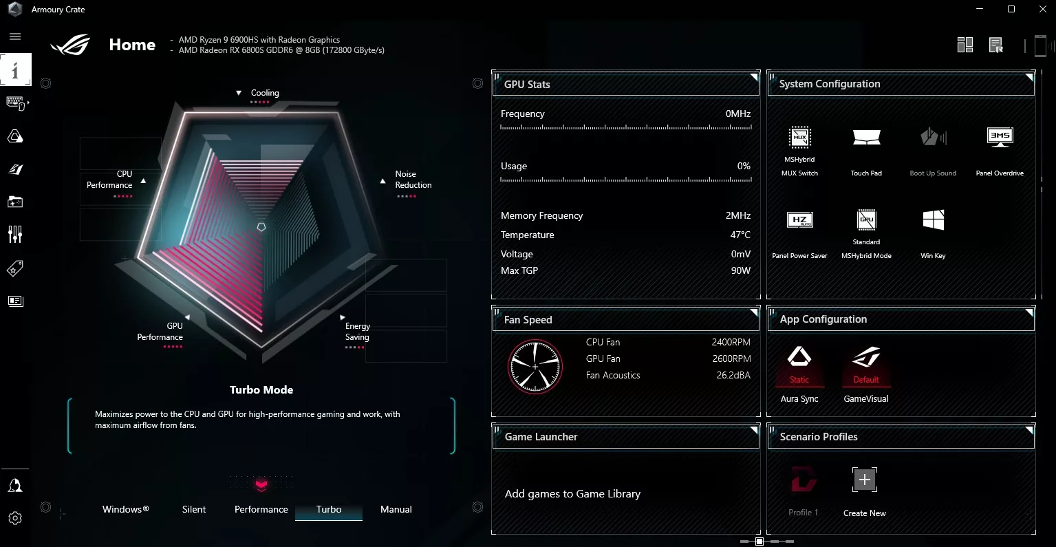 Скриншот приложения Armoury Crate с активированным турбо-режимом