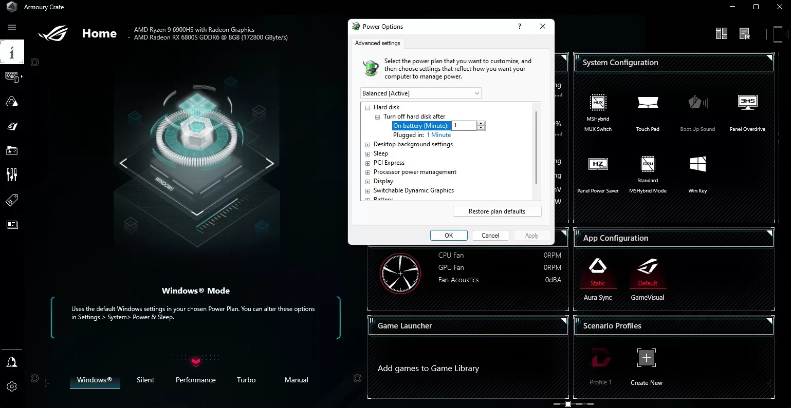A screenshot of the Armoury Crate software with Windows mode enabled.