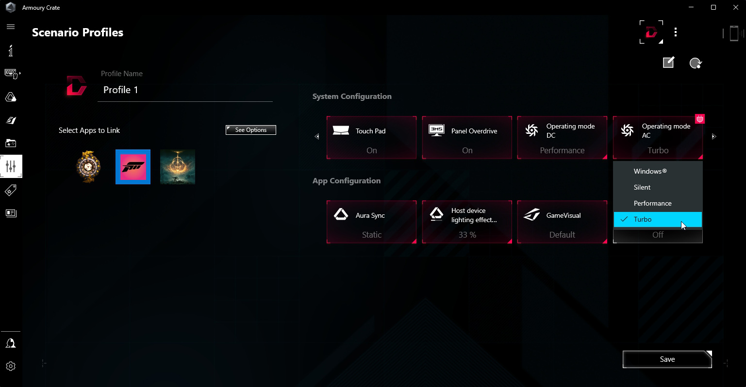 A screenshot of the Armoury Crate software with customized Scenario Profiles for gaming.