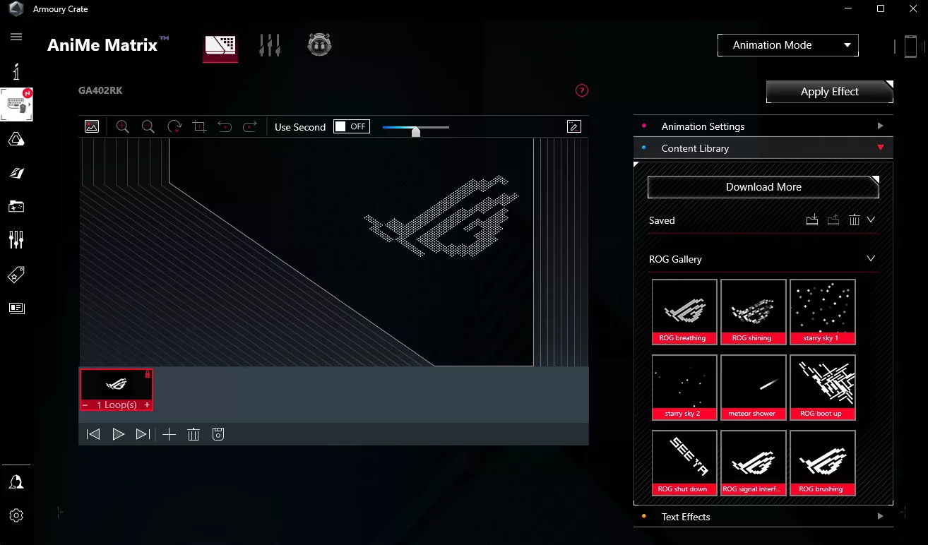 Ein Screenshot der Amoury Crate Software zeigt, wie du Animationen zu deinem Gerät hinzufügst.
