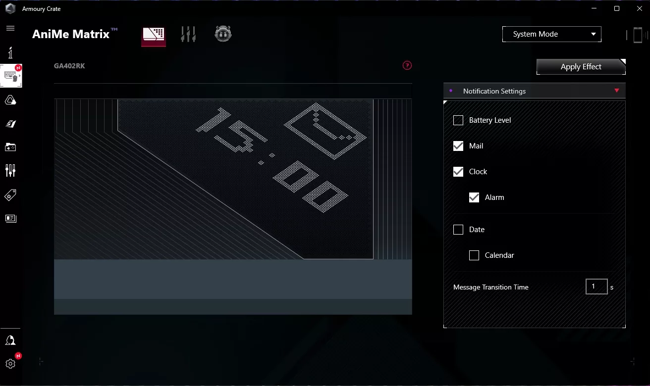 Ein Screenshot der Amoury Crate Software zeigt, wie du dem AniMe Matrix™ Systeminformationen und Benachrichtigungen hinzufügen kannst