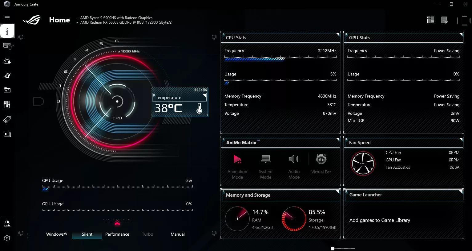 A screenshot of the Armoury Crate software, showing the current CPU and RAM configuration.