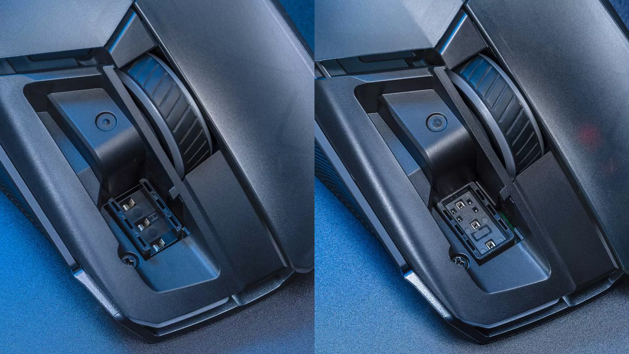 A side-by-side photo showing the internal socket for Gen II and Gen III mouse switches.
