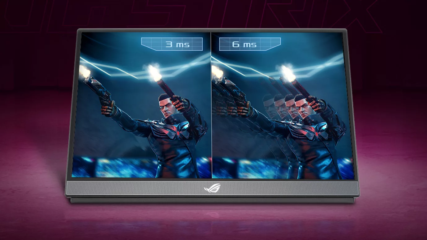 A portable display split in two, with the left side showing clear motion and the right side showing a trail of blur behind moving objects.