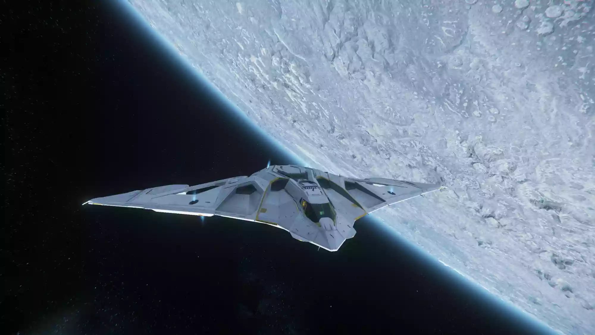 Aegis Eclipse bomber in white pair orbiting a moon.