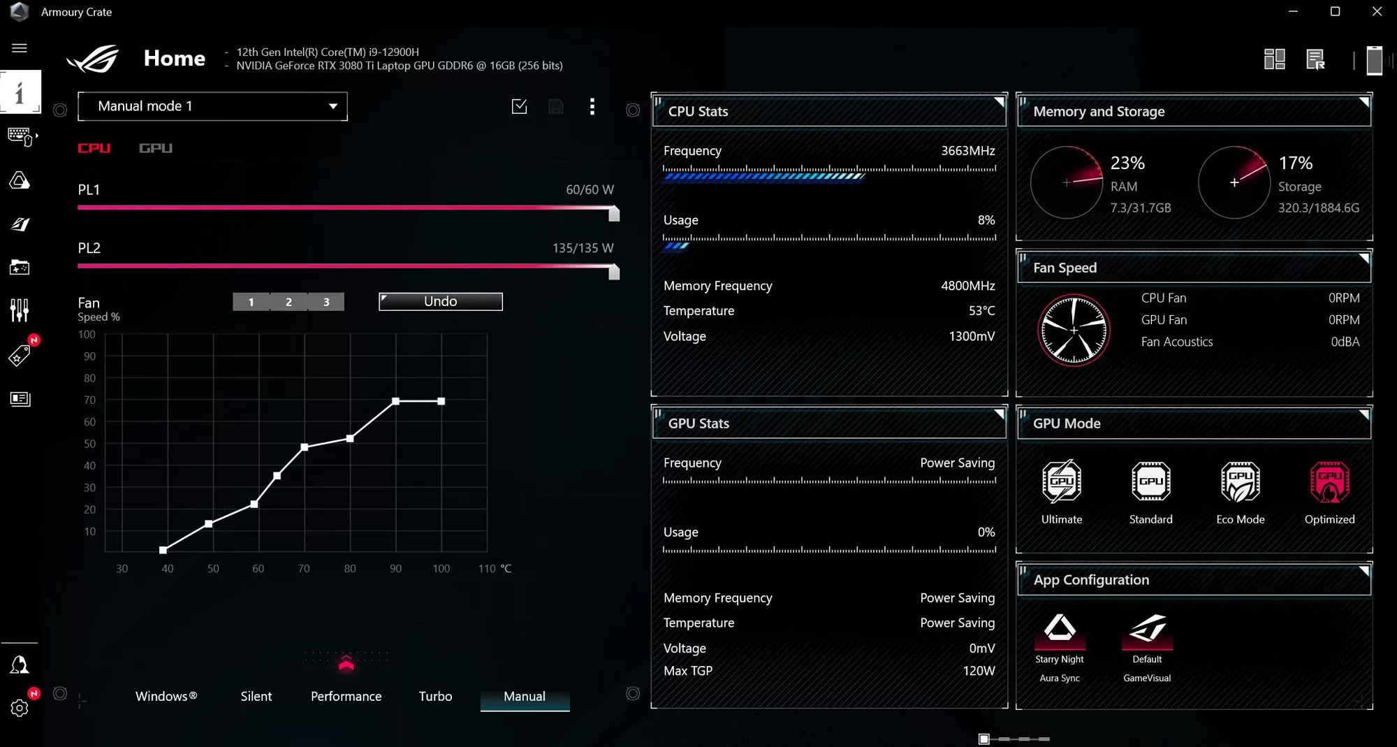 A screenshot of Armoury Crate's manual mode, showing CPU power sliders.